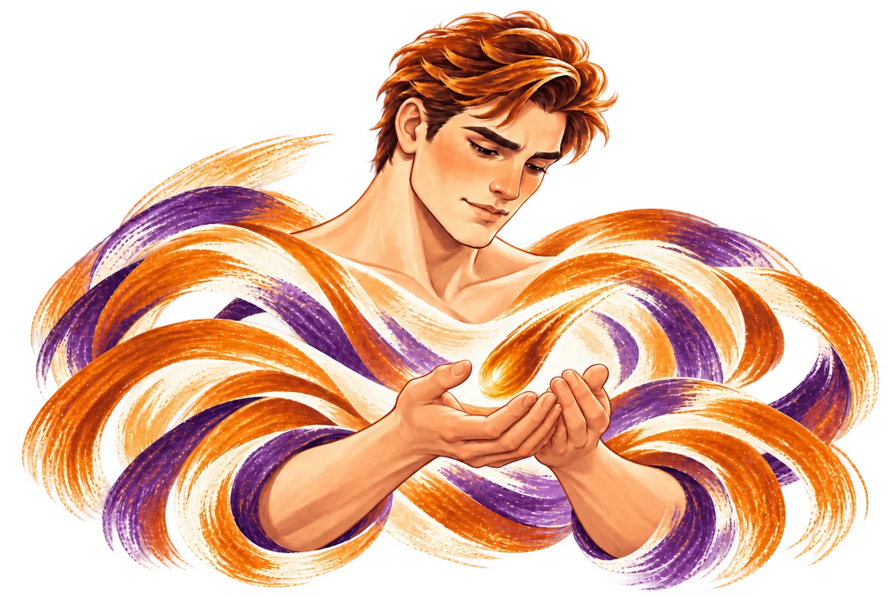 Hoshi, the male painted figure, gently offering an amber comet.