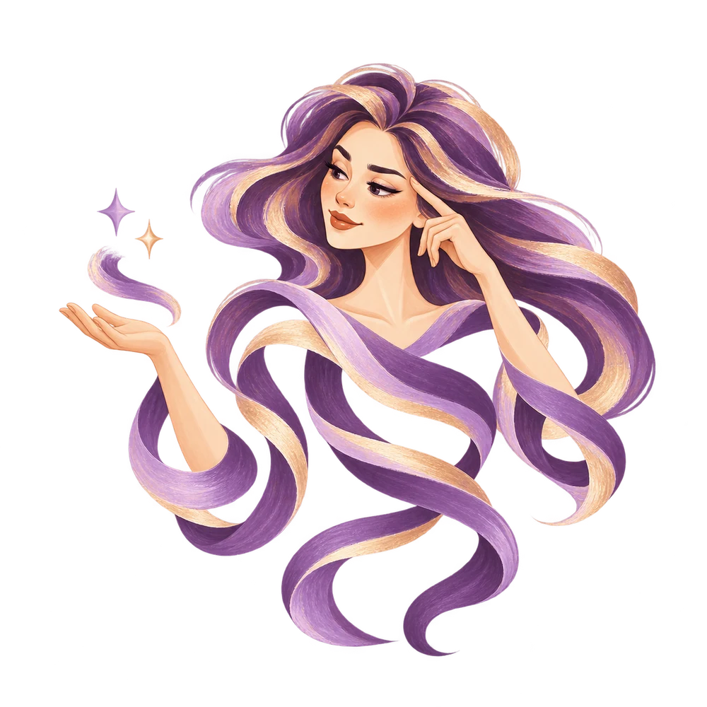 Tiamat, the female painted figure, in a thoughtful violet ribbon pose.