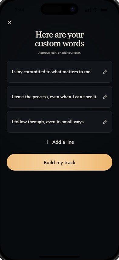 Approval screen showing exact editable wording before a Mind Track is built
