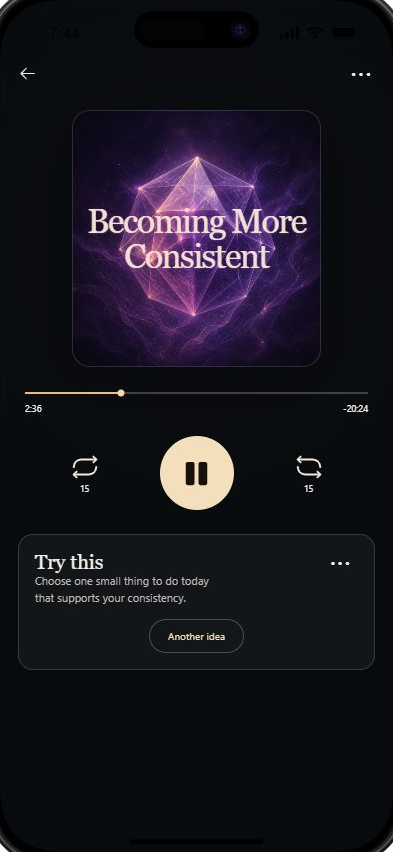 Mind Track player with playback controls and an optional practice